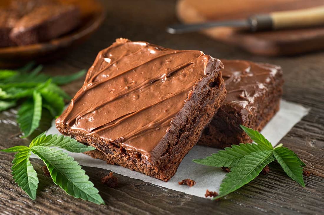 Marijuana brownies with cannabis leaves