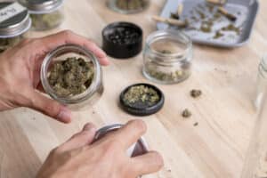 Asian man choosing cannabis buds, with cannabis equipment and accessories on the table.